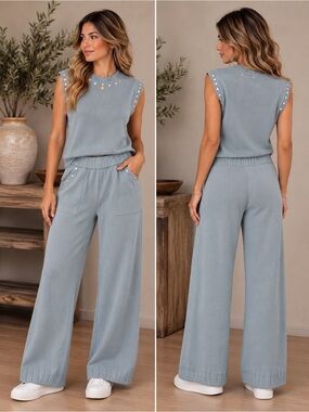 Women's 2-Piece Knit Wide-Leg Pant  and top Set
 in Dusty Blue Viscose blend